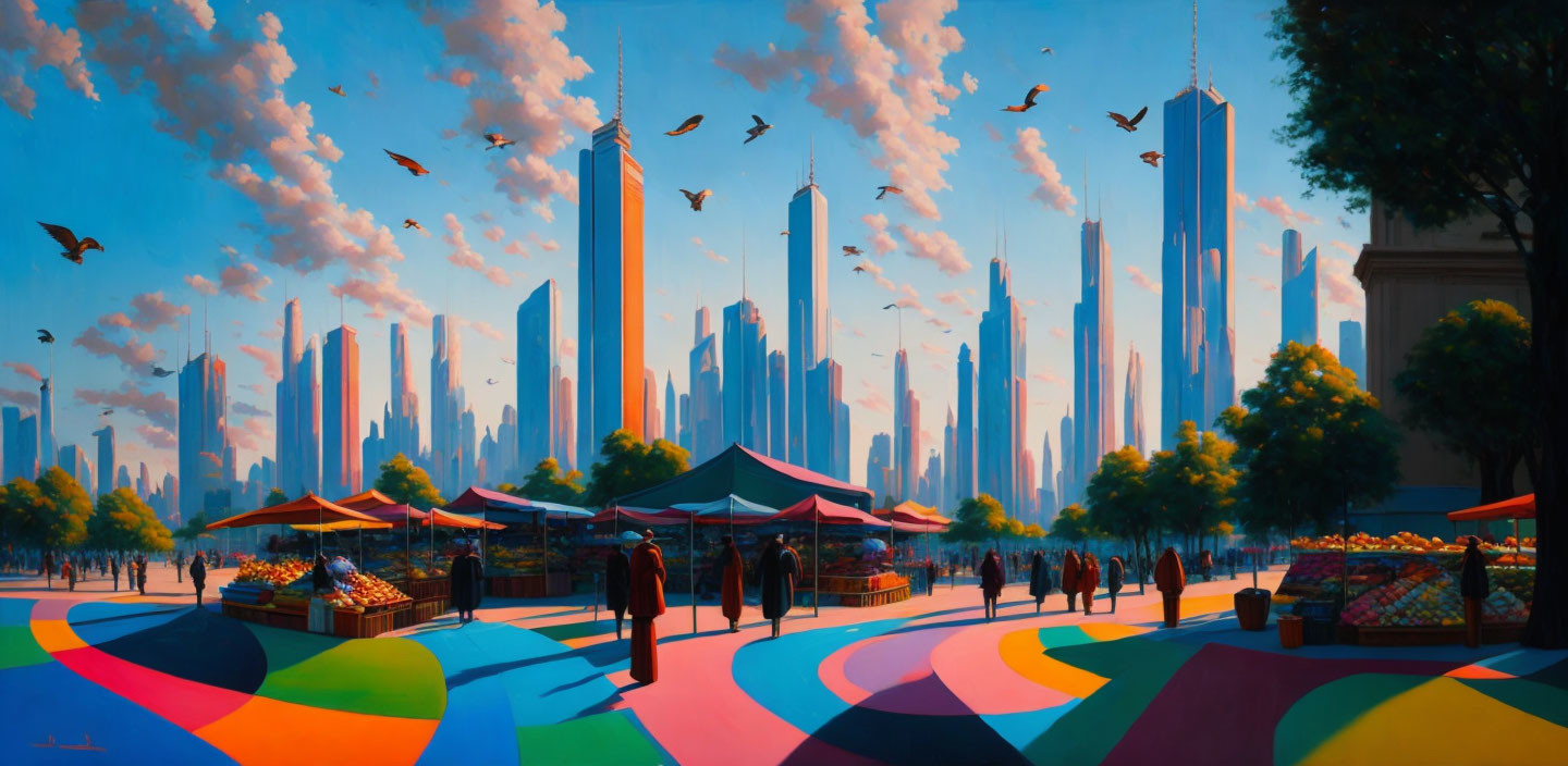 Vibrant futuristic cityscape with colorful path and outdoor market stalls