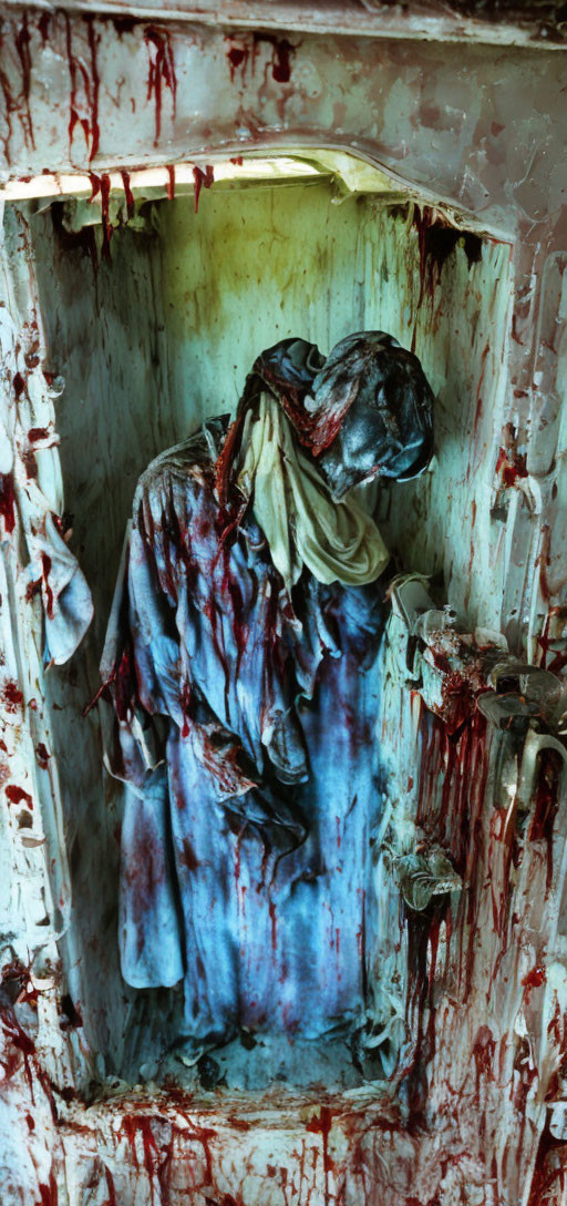 Blood-Splattered Space with Figure in Stained Clothes