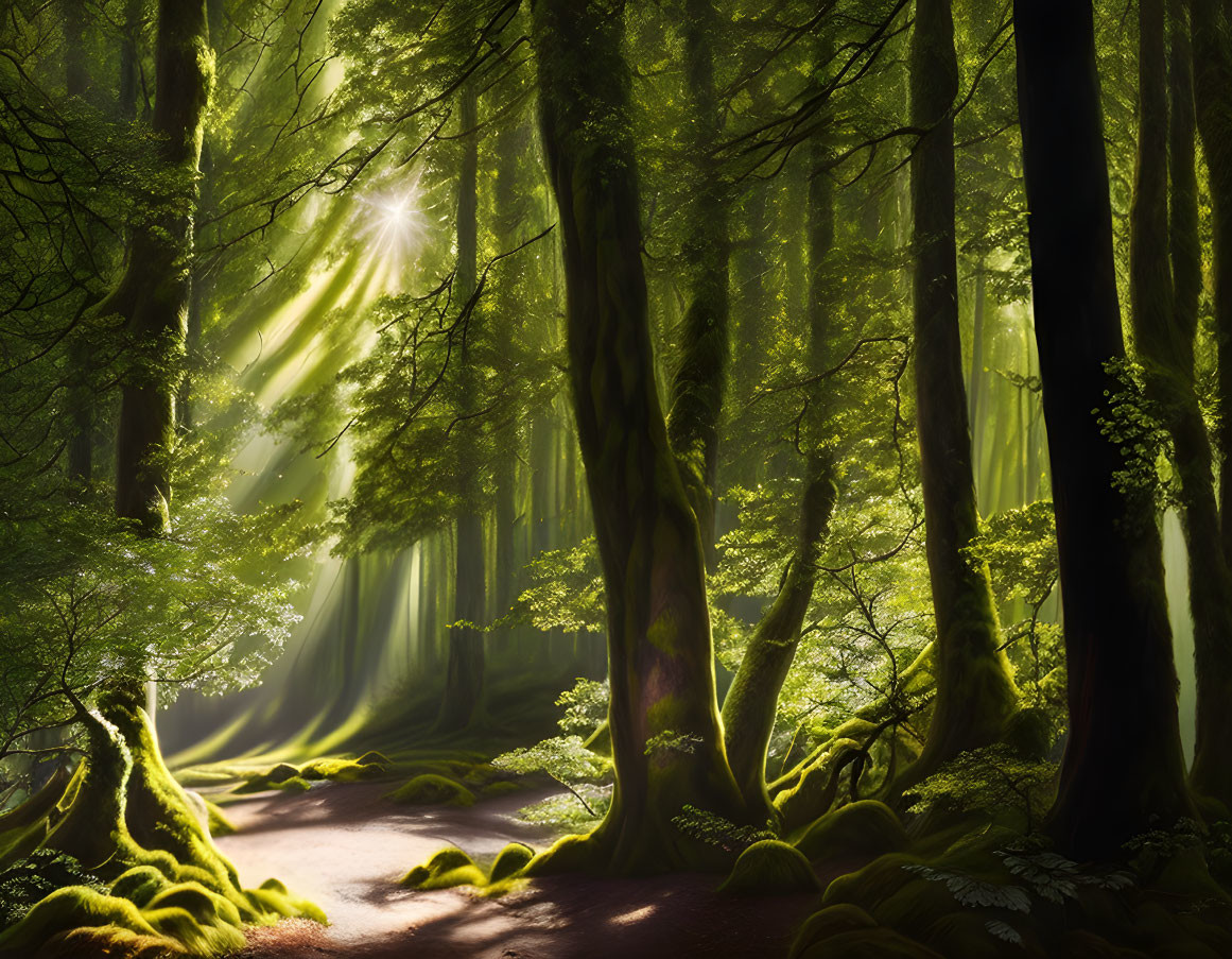 Sunlit Forest Path with Moss-Covered Trees