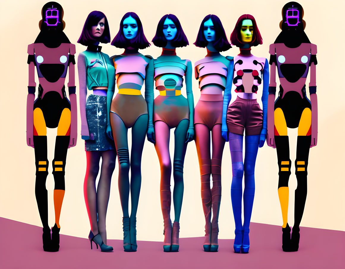 Seven diverse robots and mannequins in colorful attire on pink backdrop