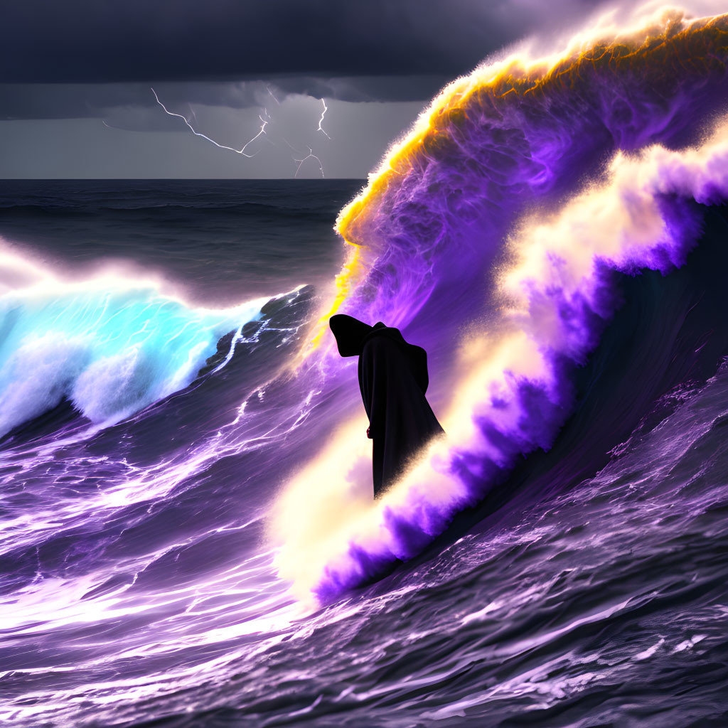 Cloaked figure on vibrant purple wave under stormy sky