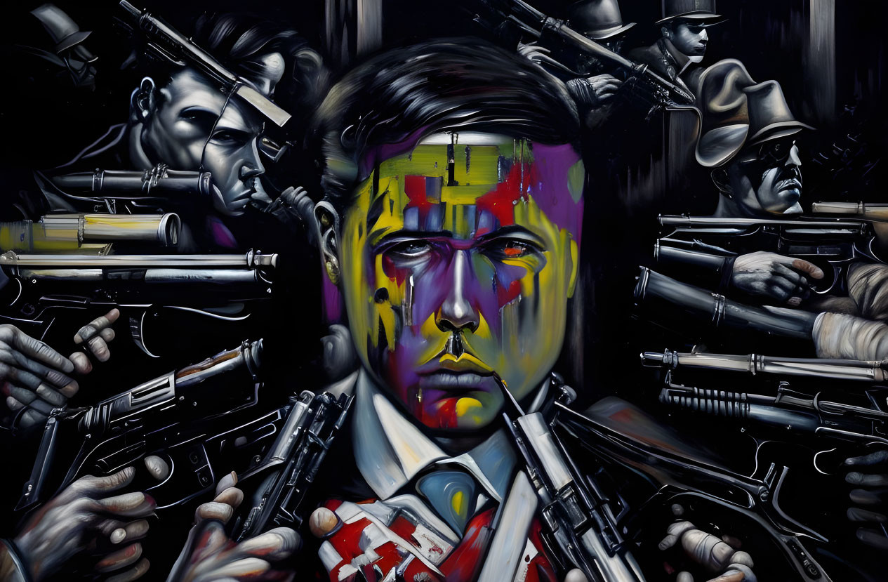 Colorful surreal painting featuring man's face and shadowy figures with guns