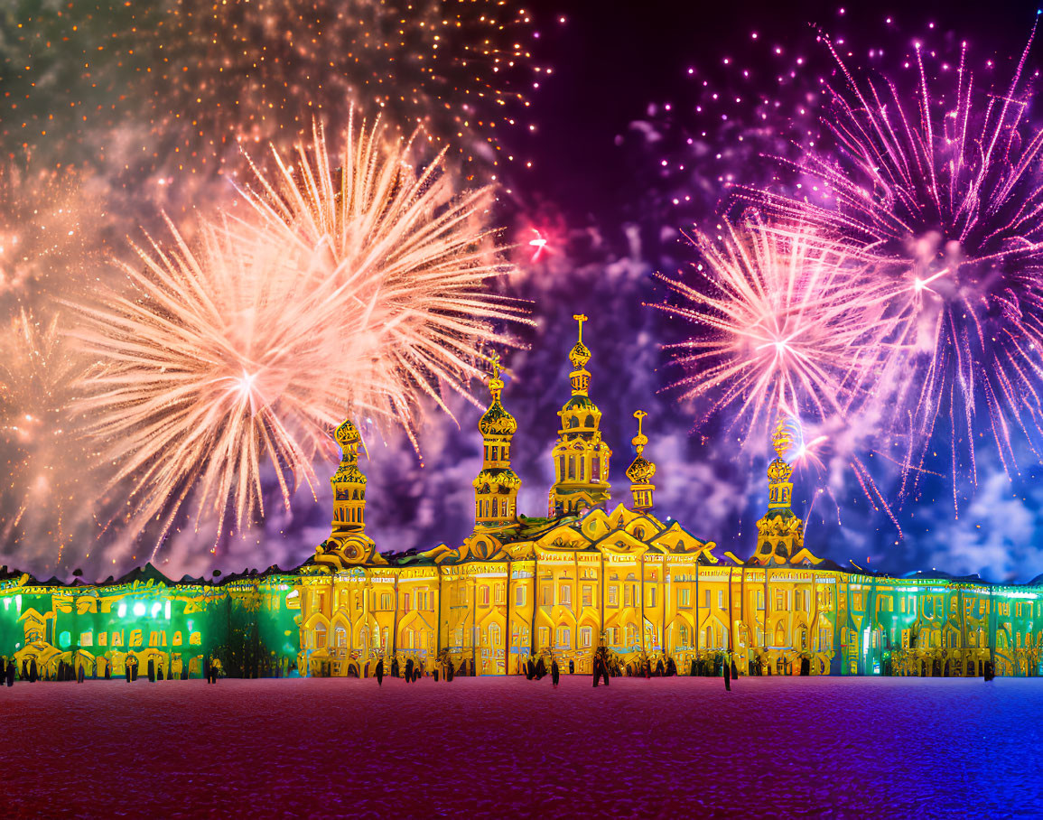 Grand Baroque-style building with vibrant fireworks display