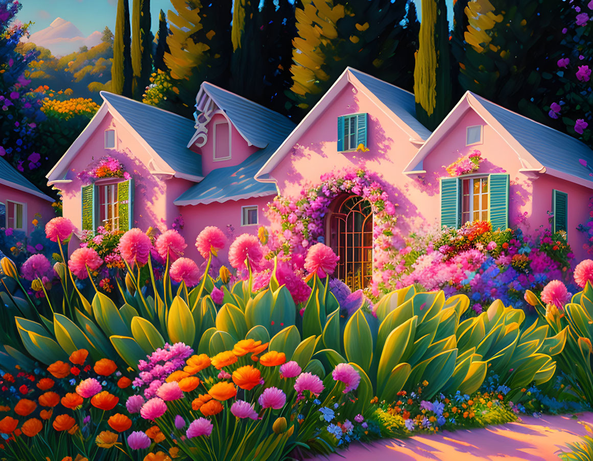 Colorful illustration: Pink cottage in lush garden with blooming flowers