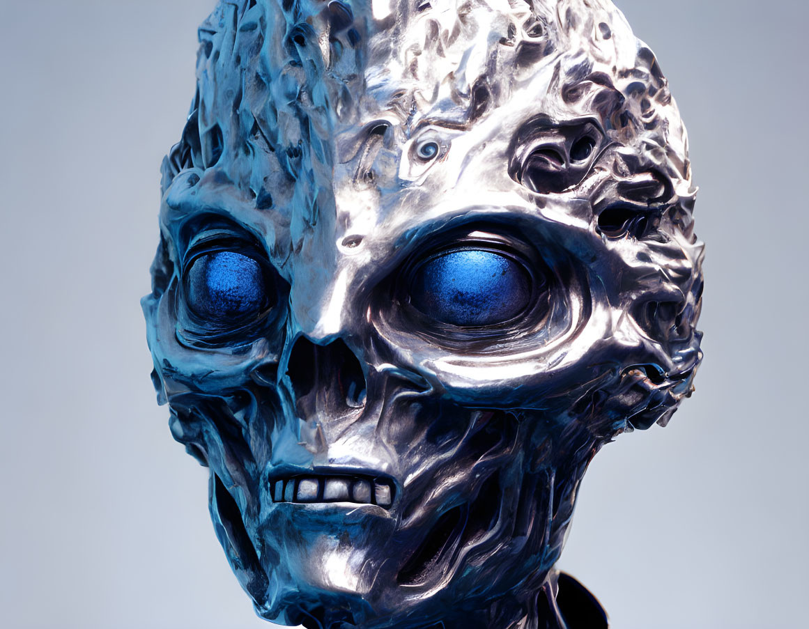 Metallic alien head with textured skin and large blue eyes on gradient background