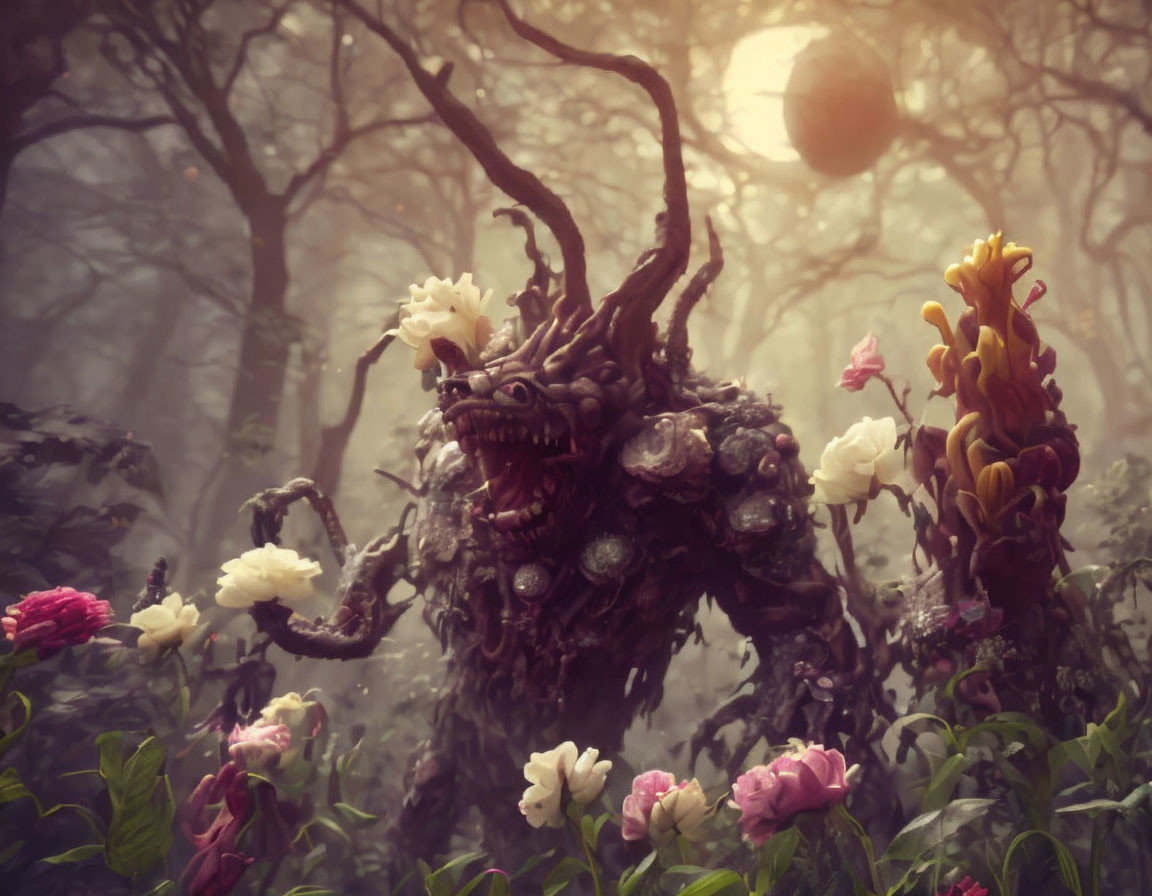 Fantasy creature with multiple eyes and mouths in misty forest with vibrant flowers