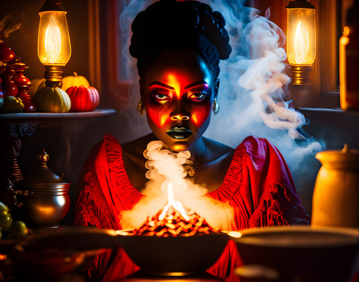 Person with Striking Makeup in Mystical Halloween Setting