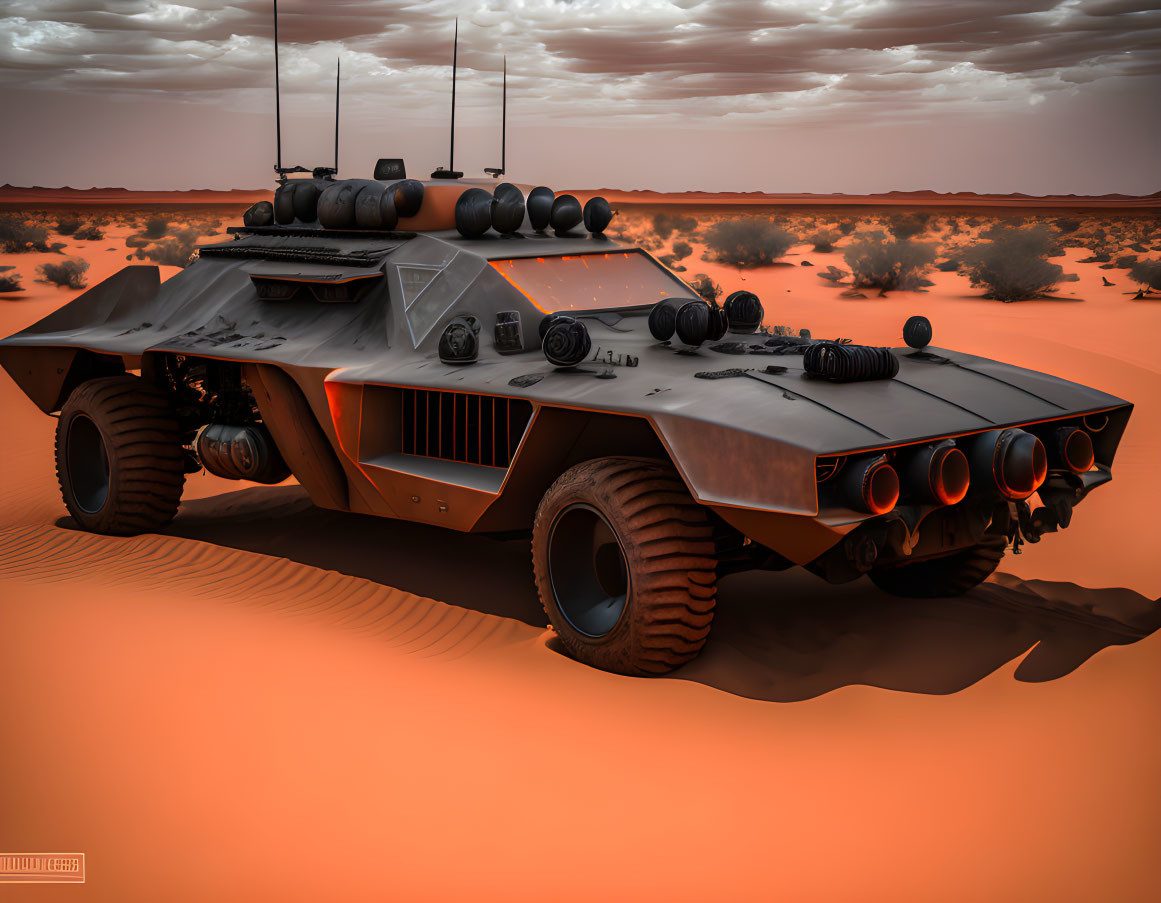 Six-wheeled armored vehicle with turrets in desert sunset