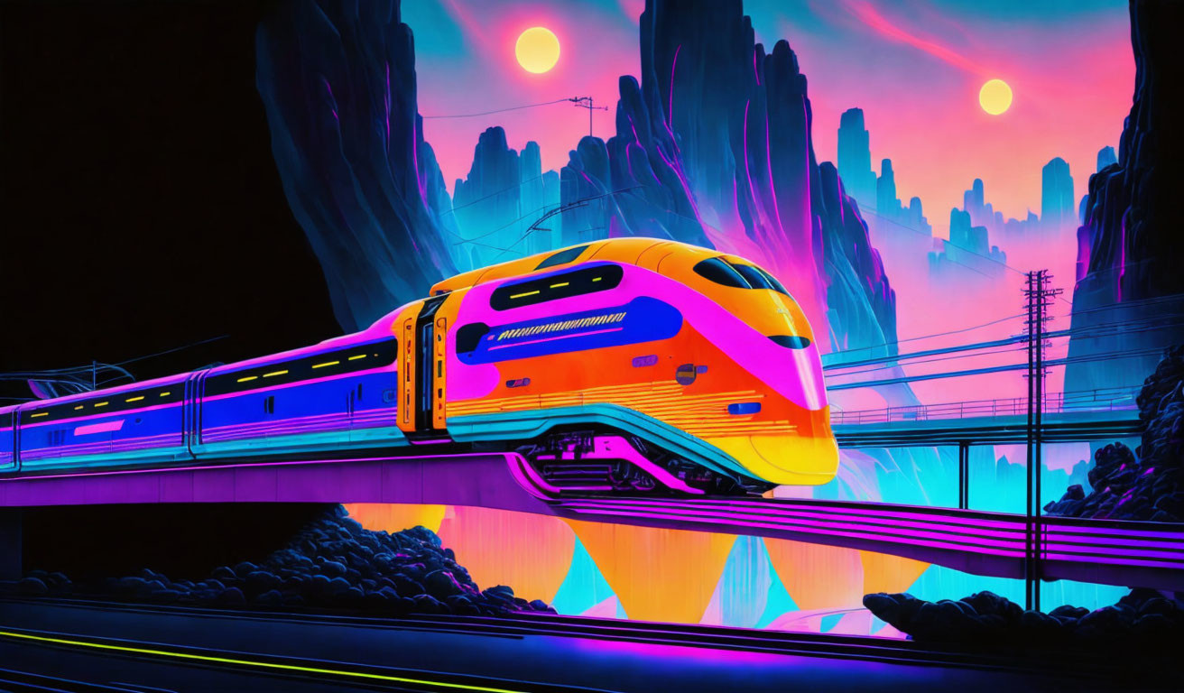 Futuristic train on elevated track in neon-lit landscape