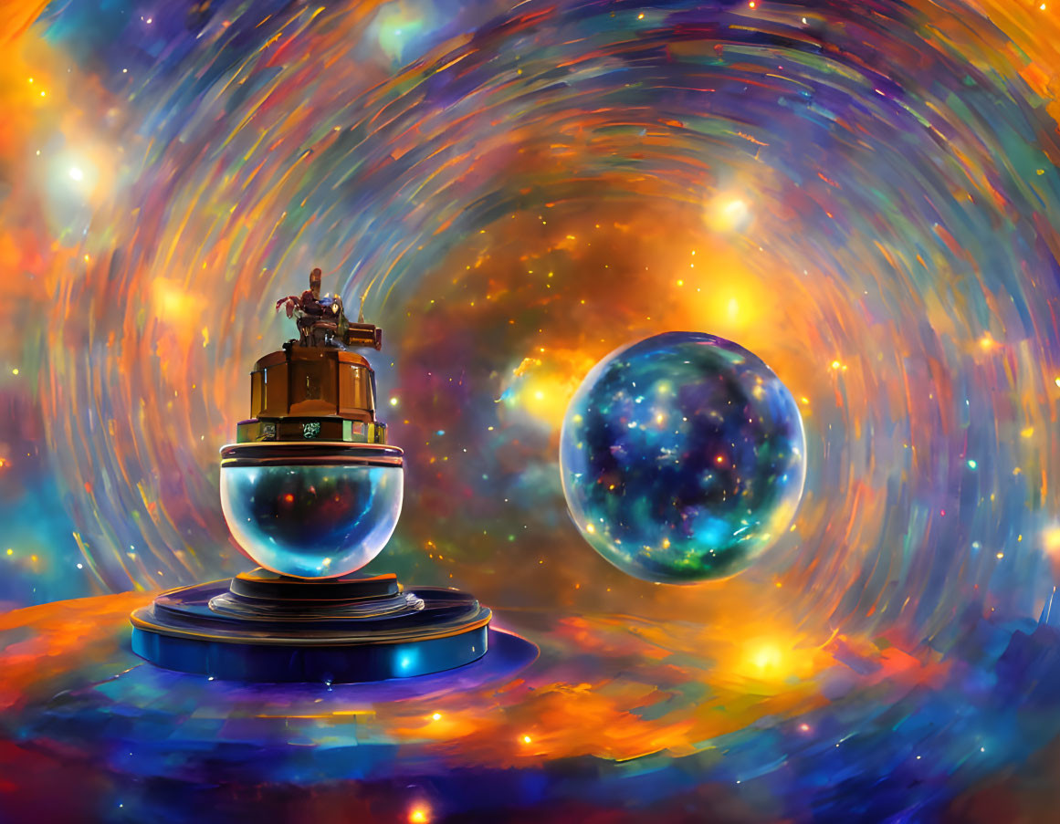 Digital art: Figure on pedestal amid cosmic colors and glowing orb