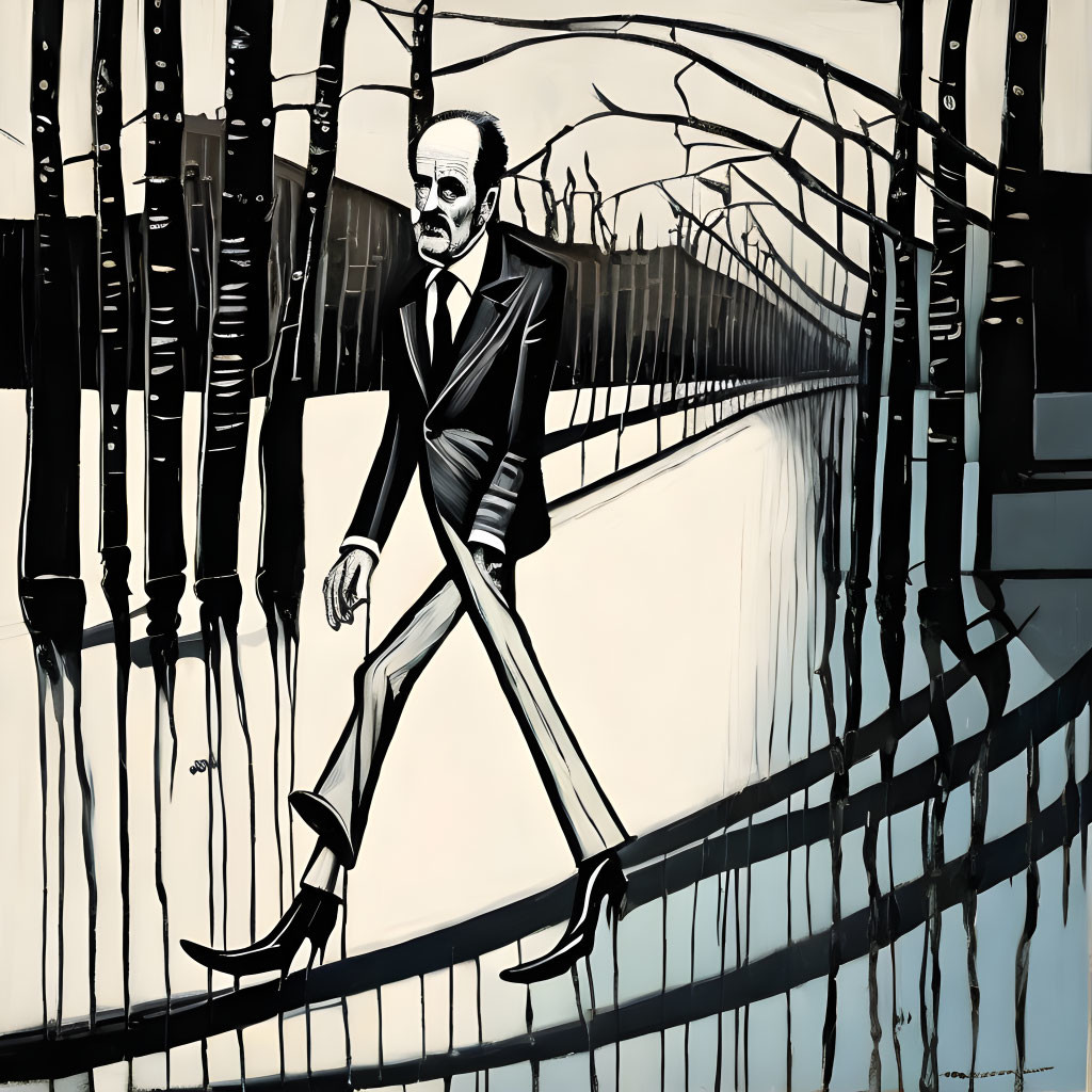 Monochromatic artwork: Man in suit on stylized pathway