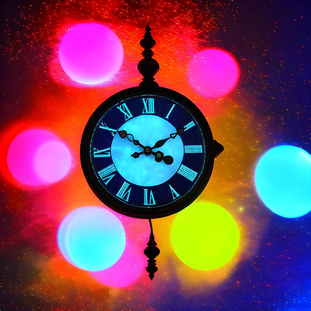 Vintage clock on vibrant bokeh background