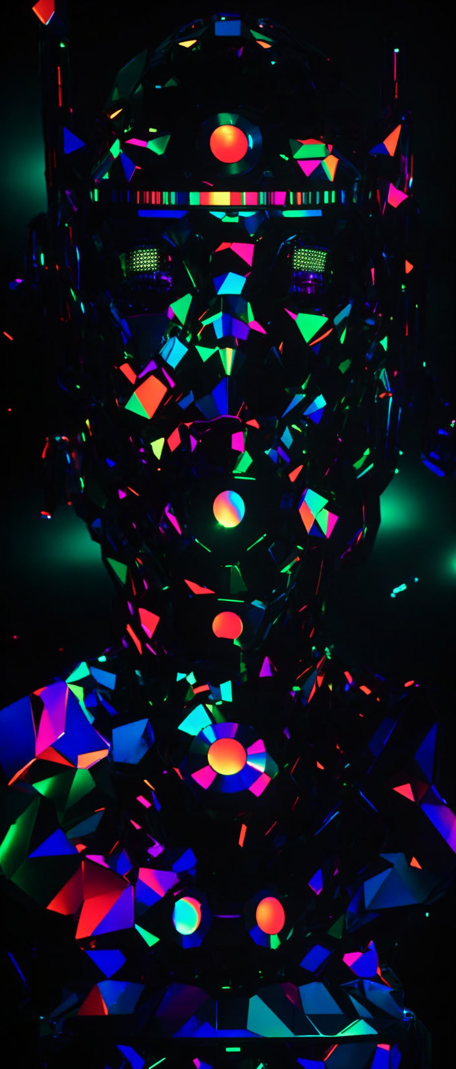 Colorful geometric humanoid face and torso digital artwork on dark background