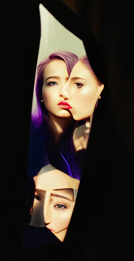 Colorful Hair and Bold Lipstick Reflected in Broken Mirror