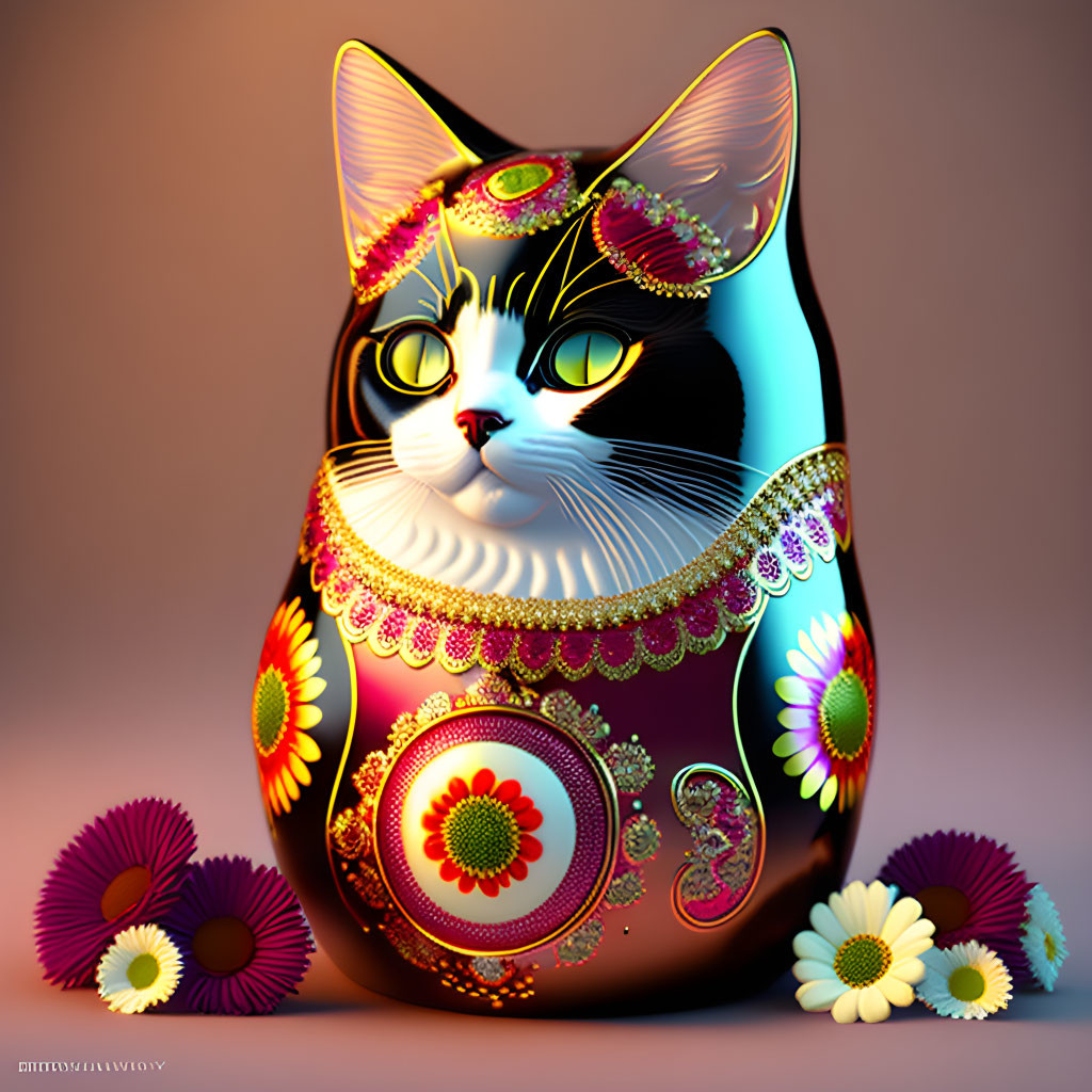 Colorful Cat Figurine Illustration with Floral Patterns on Warm Background