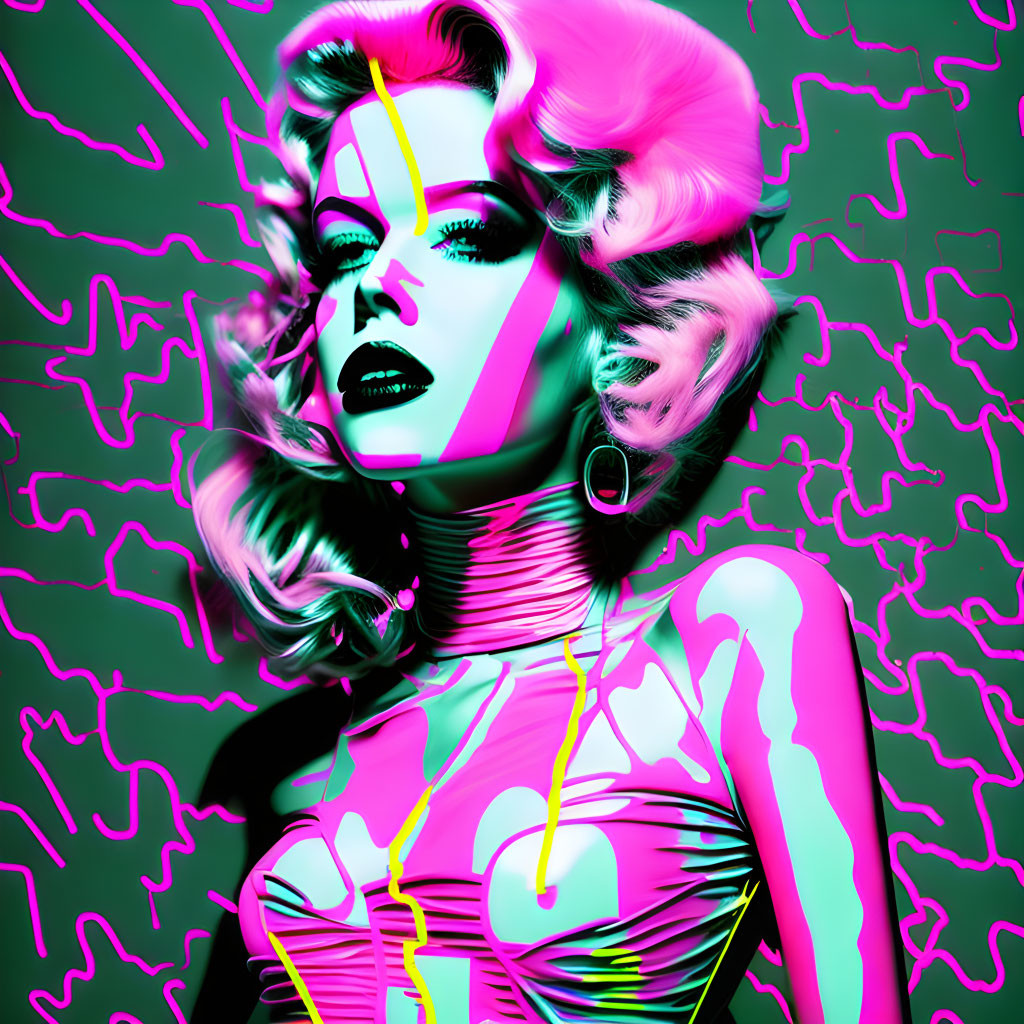 Vibrant Pop Art Woman with Pink Hair and Green Background