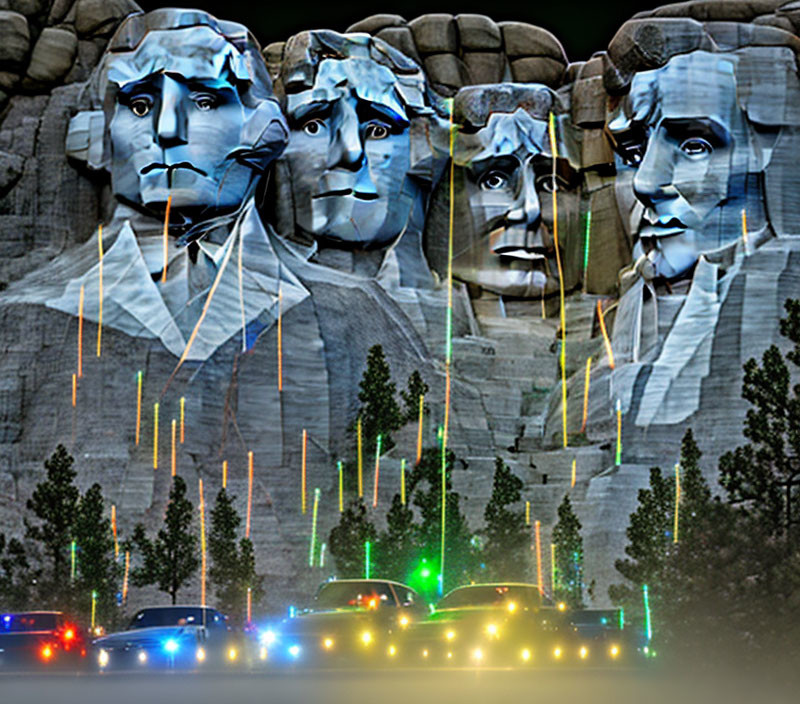 Digitally altered Mount Rushmore with colorful laser beams and police cars under twilight sky