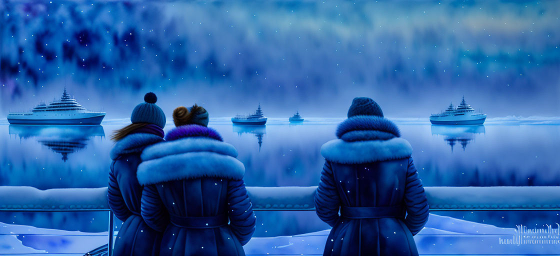 Three People in Winter Coats Watching Fleet of Ships on Misty Sea