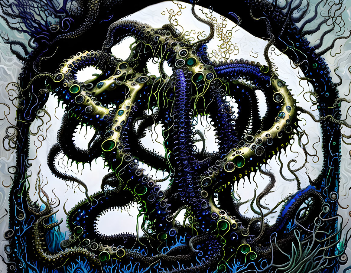 Colorful Octopus Illustration with Intricate Patterns in Moonlit Seaweed Scene