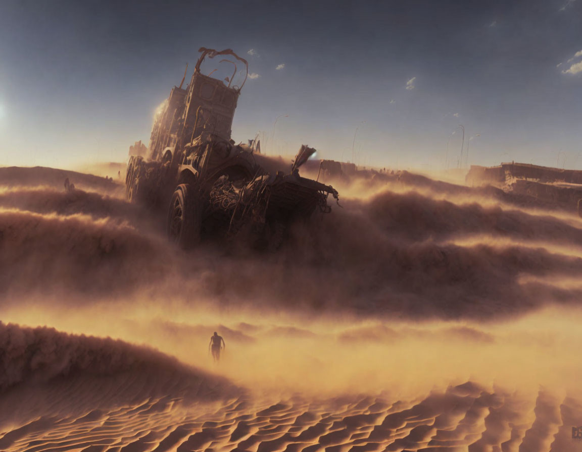 Desolate desert landscape with wrecked vehicle in sand.