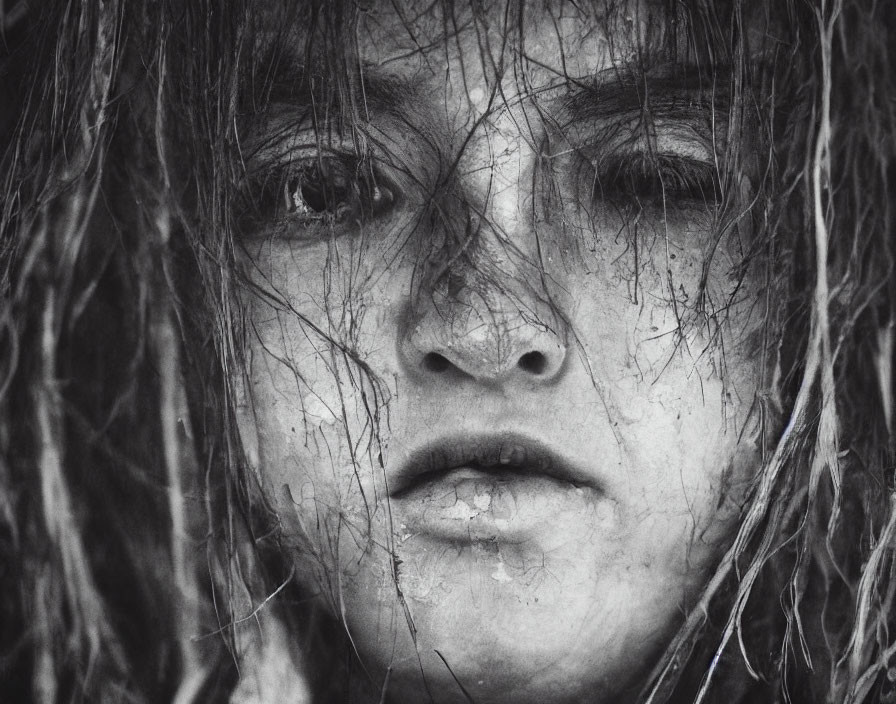 Monochrome close-up portrait of person with wet, messy hair and intense eyes