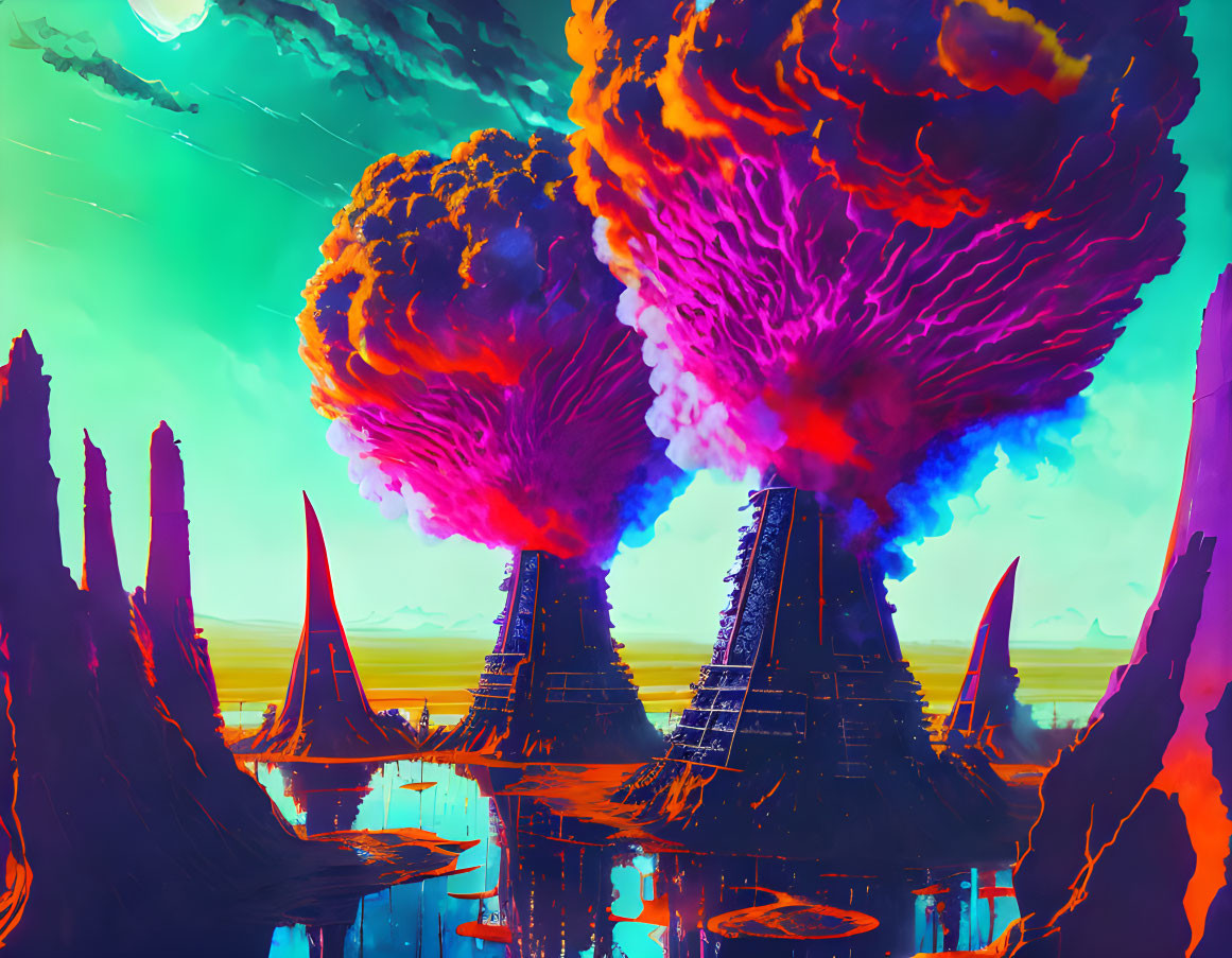 Majestic alien landscape with purple spires and volcanic eruptions