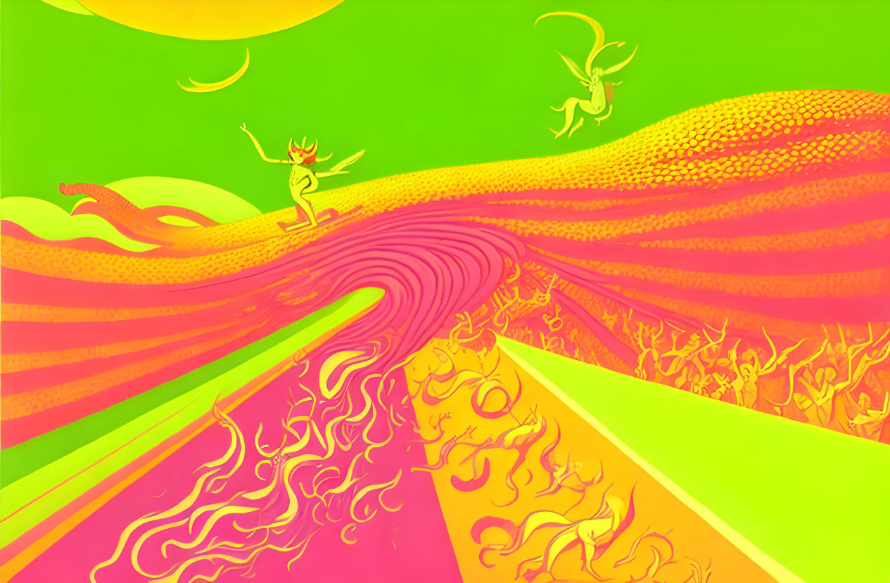 Colorful Psychedelic Landscape with Surfing Figure and Flying Creature