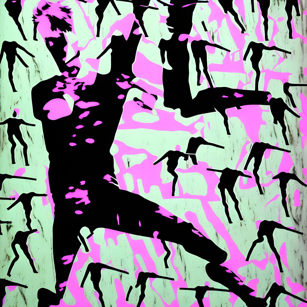 Dynamic silhouette in black and bright pink on green background