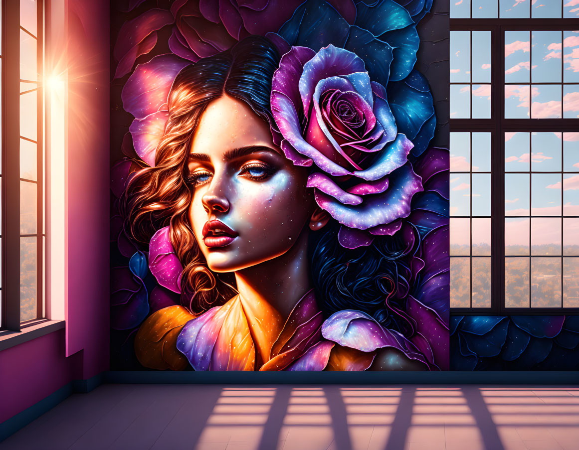 Vibrant purple and pink rose mural with woman against sunset backdrop