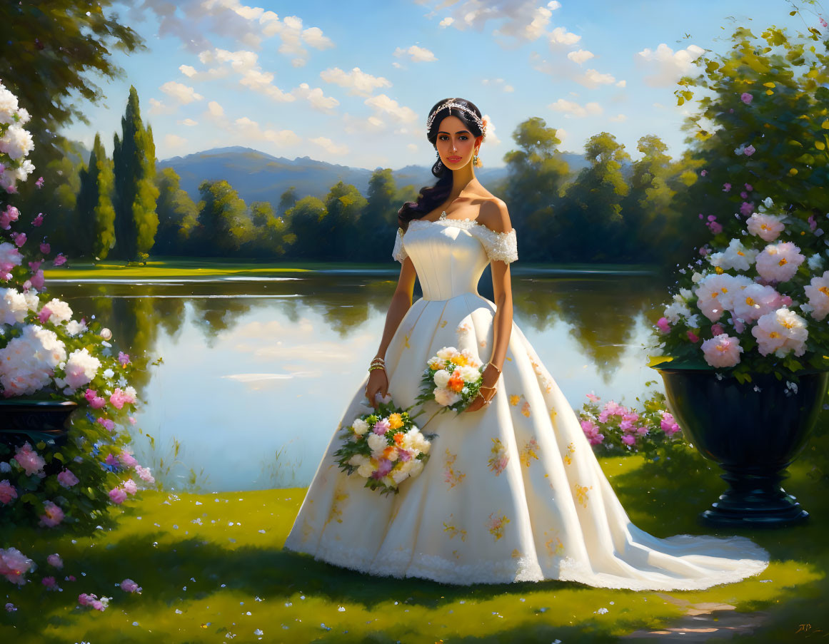 Bride in white gown with bouquet in sunlit garden