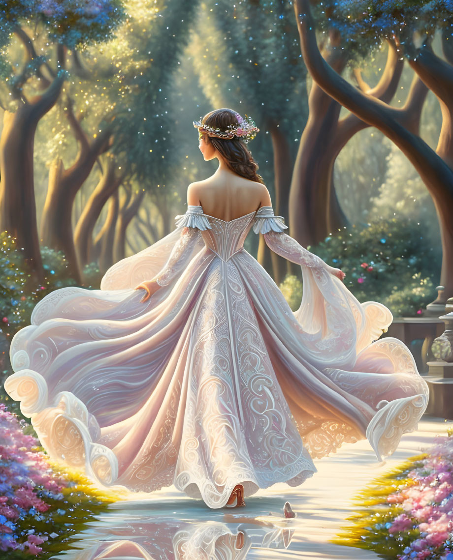 Woman in flowing gown in enchanted forest with warm light and blooming flowers