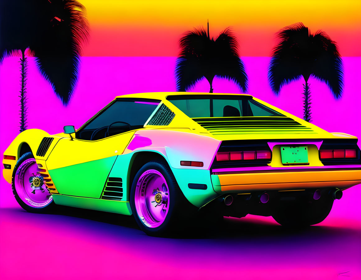 Neon-colored classic car art with palm tree backdrop