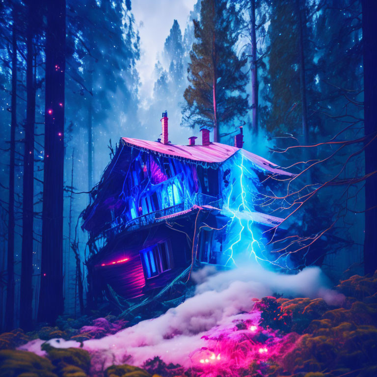 Eerie forest scene with tilted house, lightning, and ethereal lights