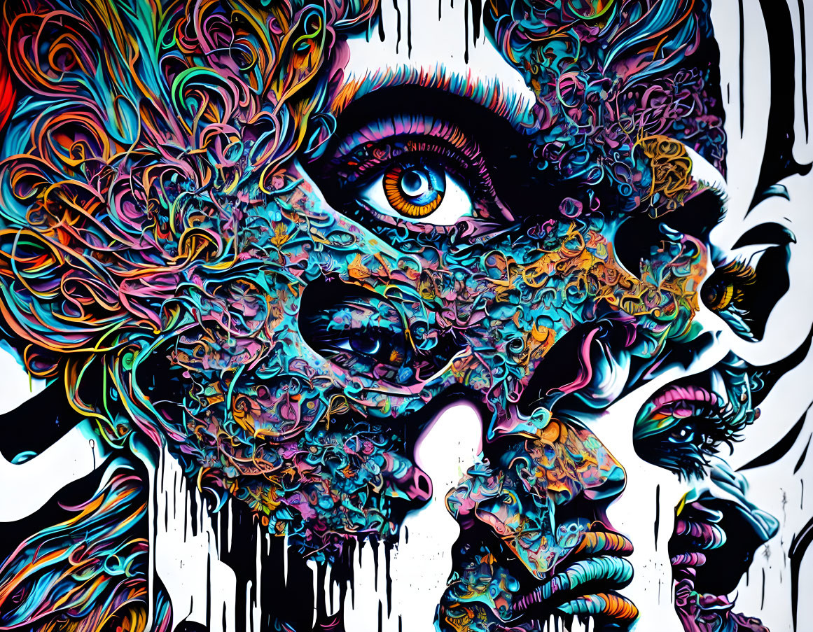 Colorful abstract art: stylized female face with intricate patterns and prominent eye in vibrant swirls.