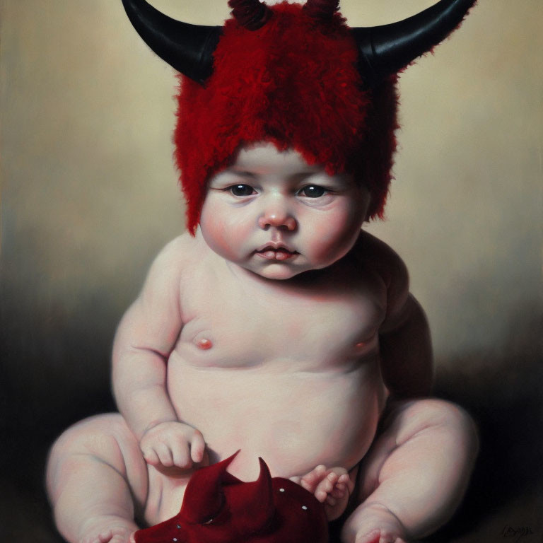 Serious Baby Portrait in Red Furry Hat with Horns