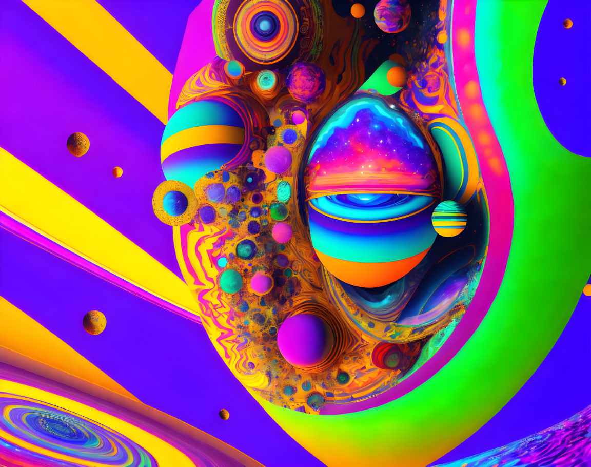 Colorful Abstract Digital Artwork: Swirling Patterns, Spherical Shapes