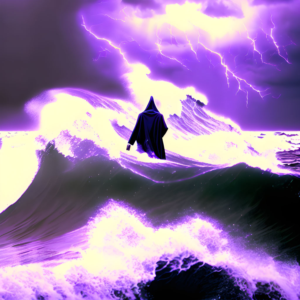 Cloaked Figure on Purple Waves Under Stormy Sky