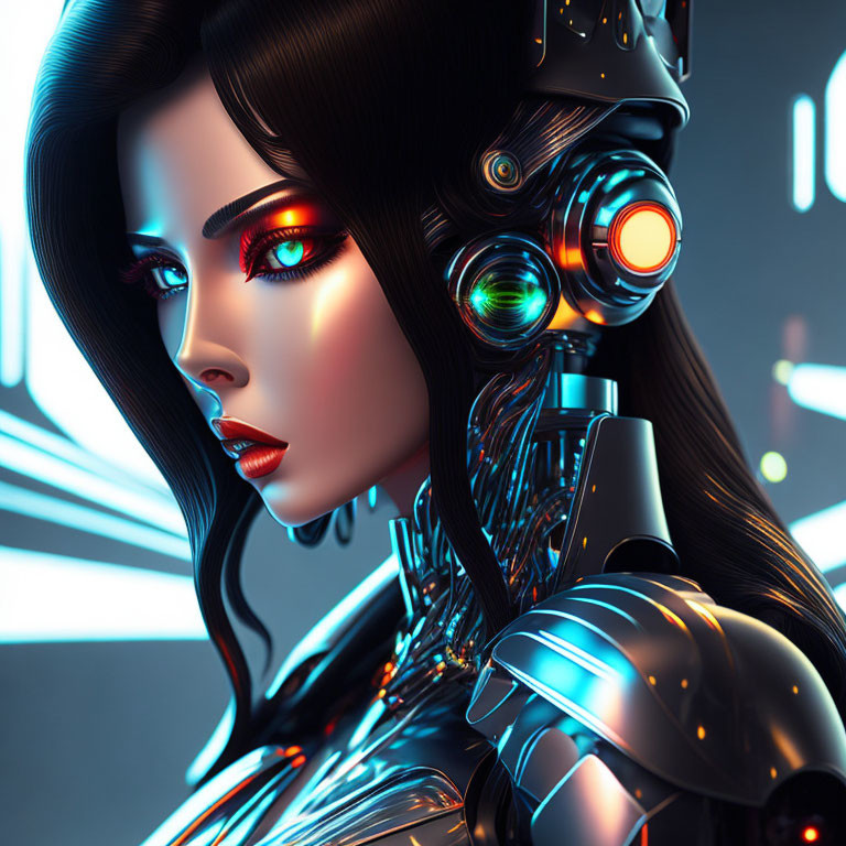 Futuristic cybernetic female figure with black hair and red eyes on neon-lit backdrop