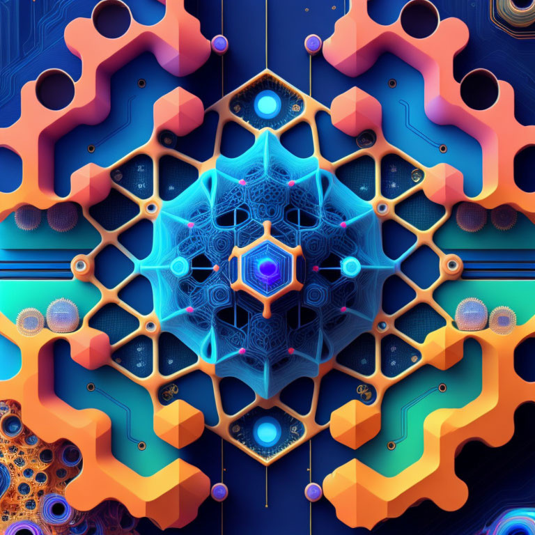 Symmetrical Digital Artwork: Vibrant Orange and Blue Geometric Patterns