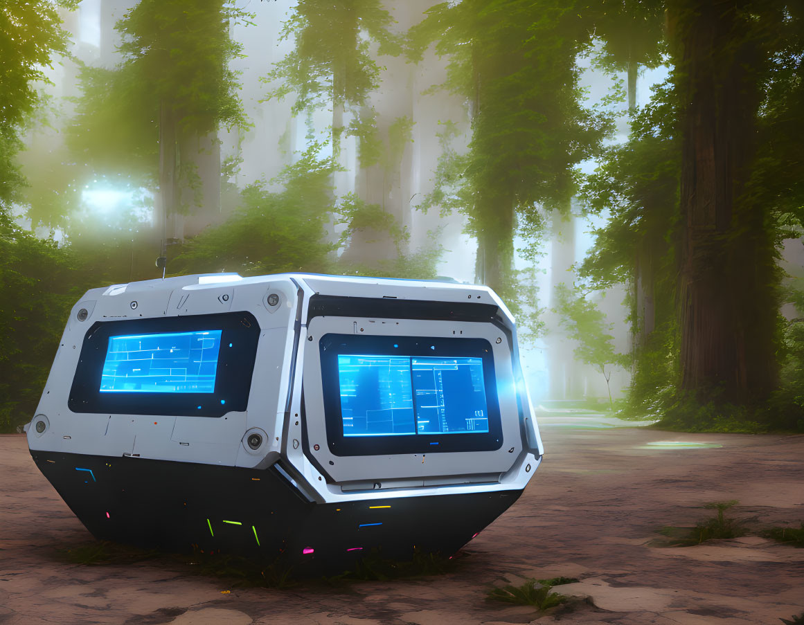 Cube-shaped futuristic object glowing blue screens in misty forest