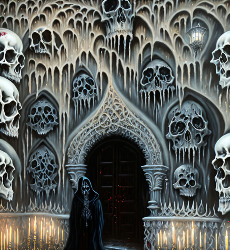 Gothic archway with skulls, cloaked figure, torches, and lantern.