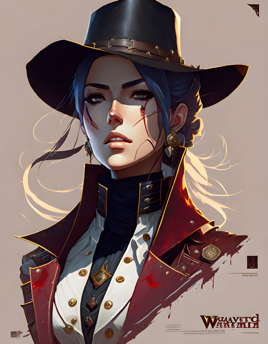 Blue-haired female character in cowboy hat with red coat and scarf