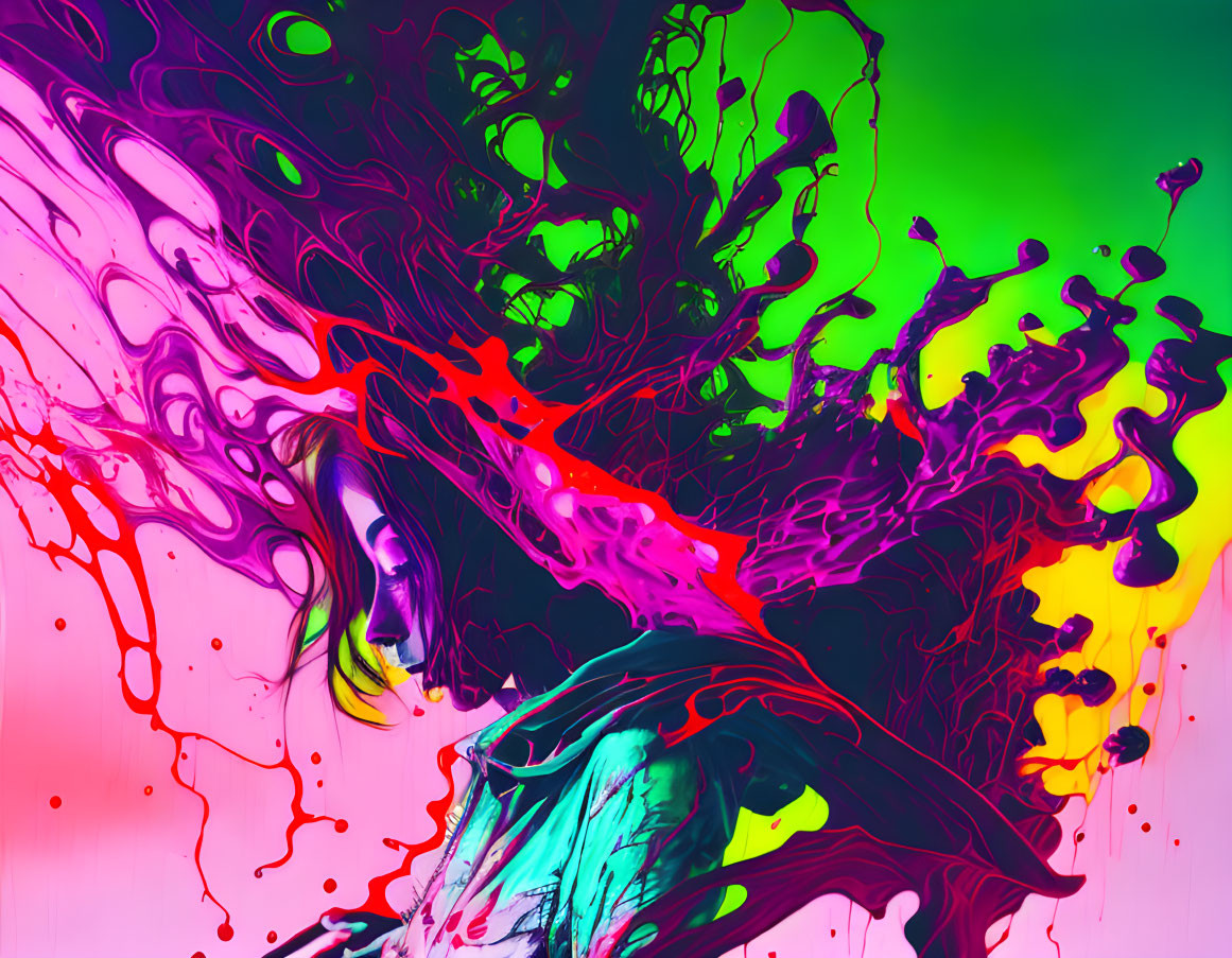 Colorful Paint Splashes on Green and Pink Gradient Background