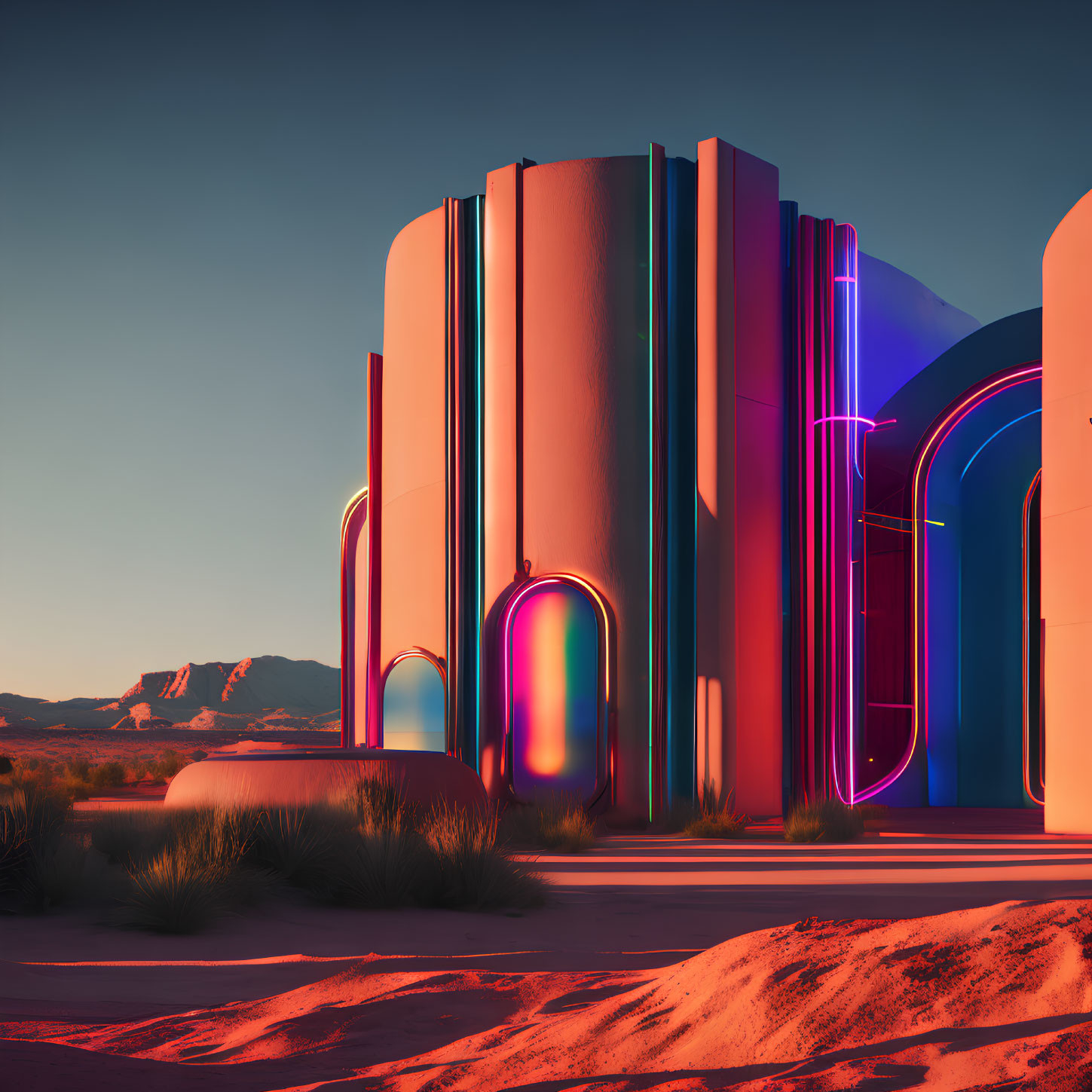Futuristic Building with Neon Outlines in Desert Sunset