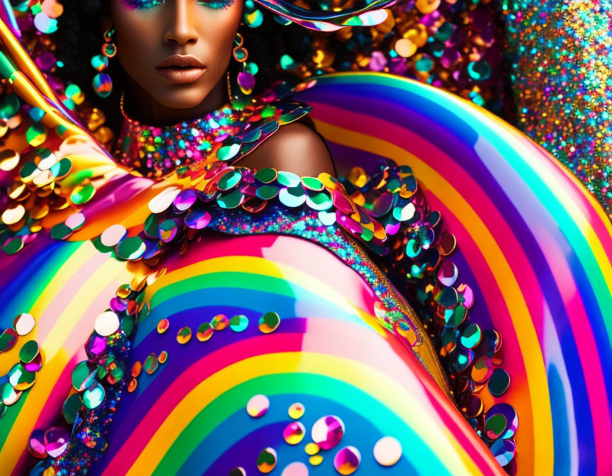 Vibrant Rainbow Attire with Sparkling Sequins on Woman