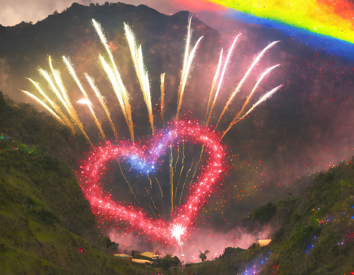 Colorful heart-shaped fireworks light up misty mountain night sky with rainbow arch