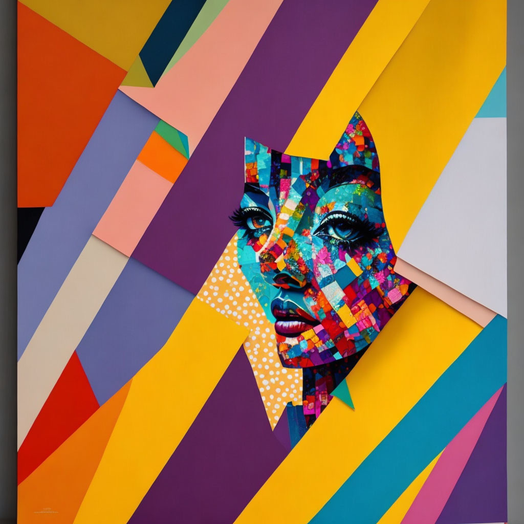 Colorful Geometric Abstract Artwork with Fragmented Female Face