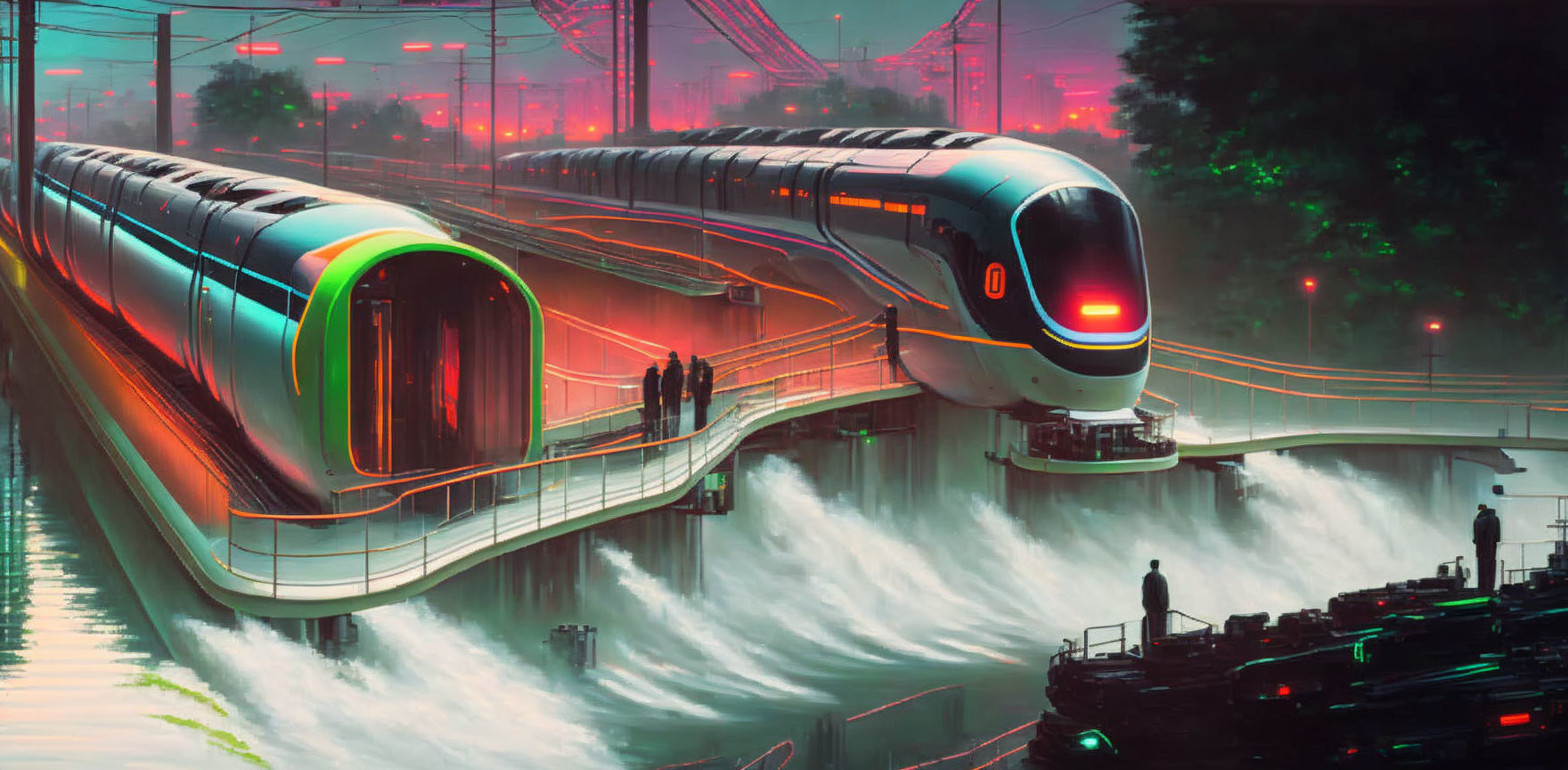 Futuristic train at neon-lit station over turbulent waters with cityscape.