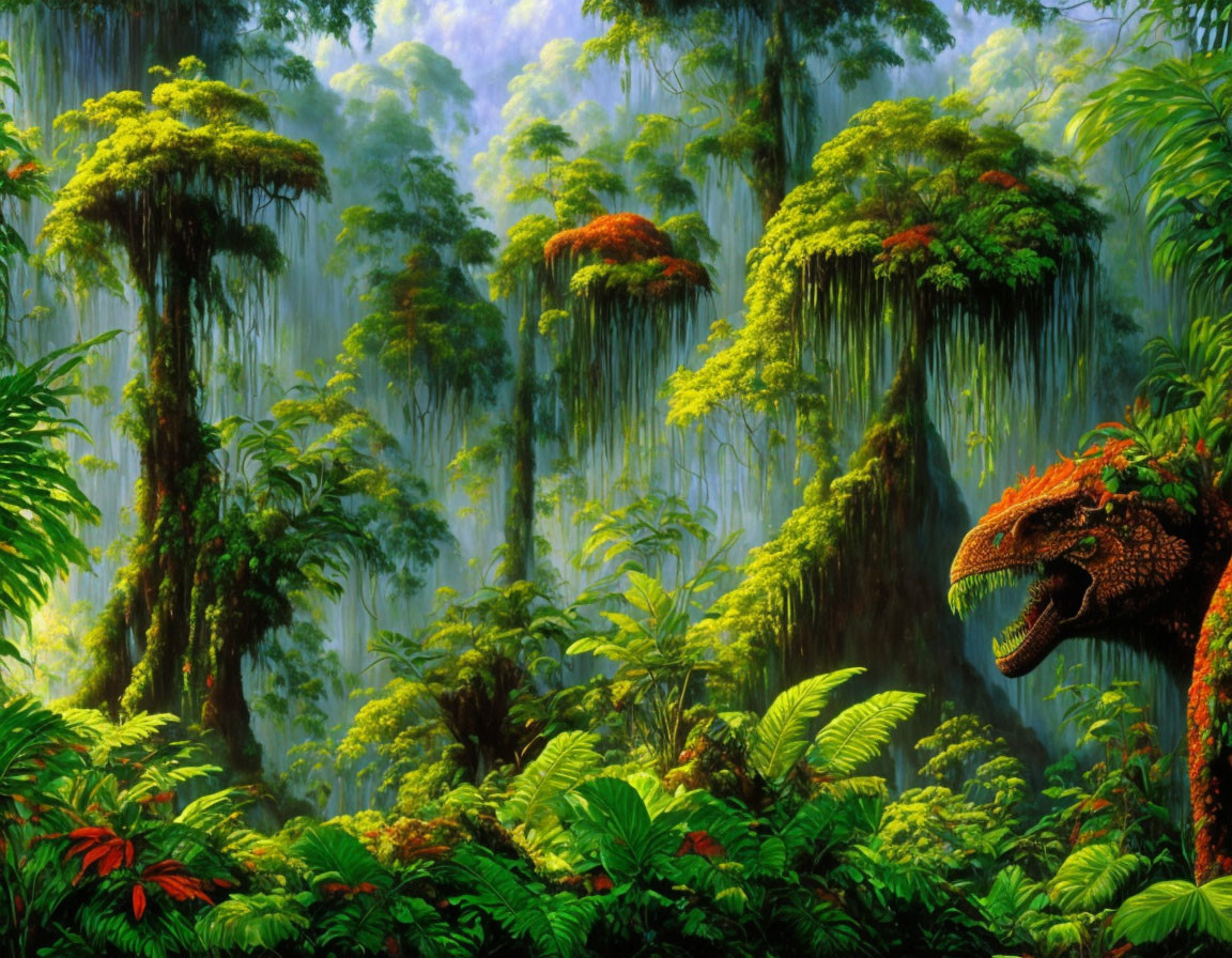 Lush Green Rainforest with Dragon-Like Creature in Foliage