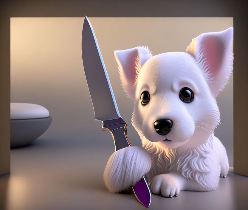 Fluffy White Puppy with Large Eyes Beside Oversized Shiny Knife